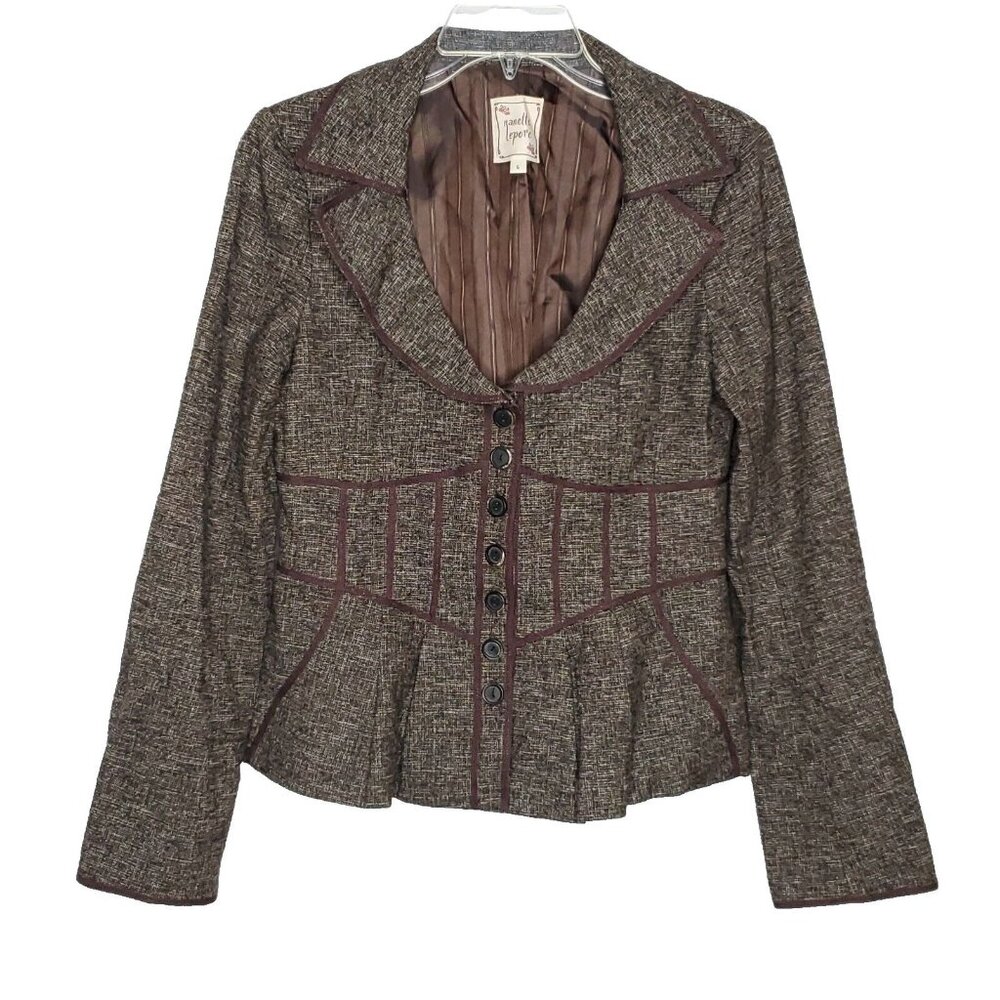 Nanette Lepore Peplum Blazer Jacket 6 S Brown Tweed Victorian Corset Academia